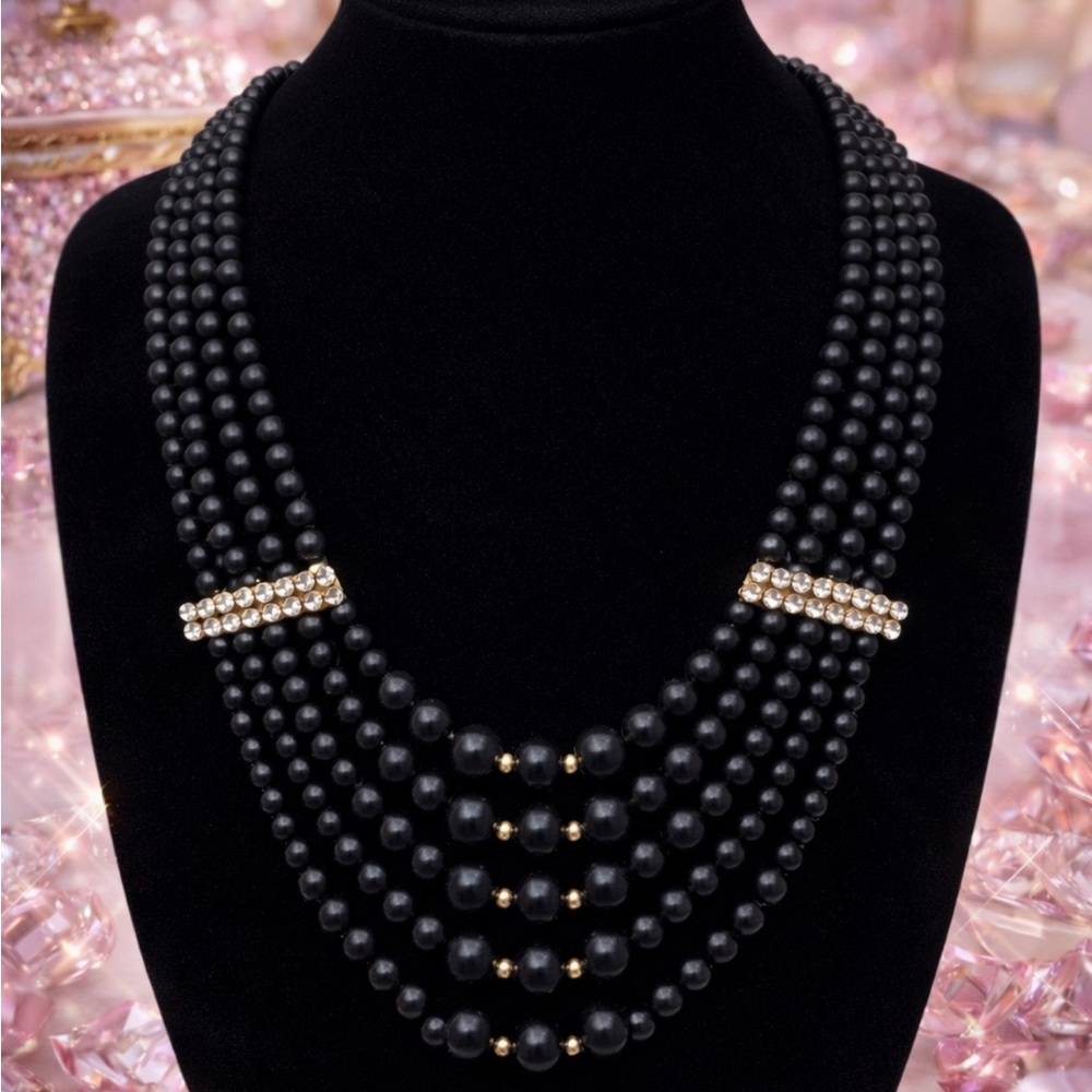 Vintage 5 Strand Black Glass Bead Bib Necklace Rhinestone Bar Gold Tone Clasp - Picture 3 of 5
